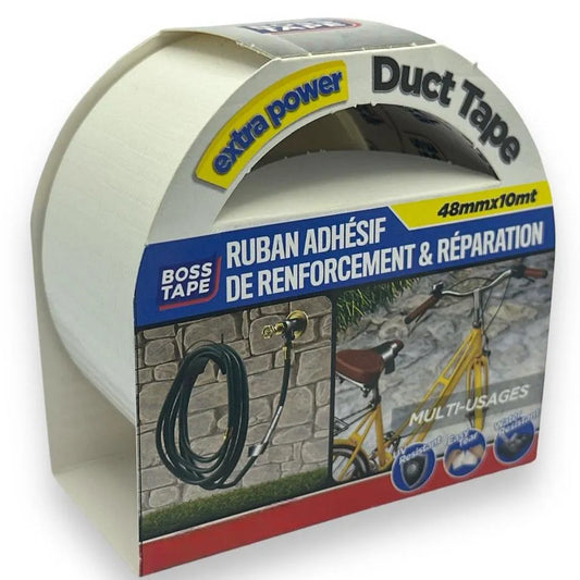 Ruban réparation blanc Boss Tape 48mm x 10m – toile américaine étanche, multiusage bâches et bricolage
