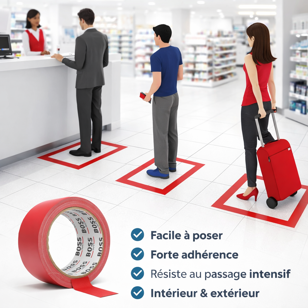 Ruban réparation rouge Boss Tape 48mm x 10m – toile américaine étanche, haute visibilité, multiusage
