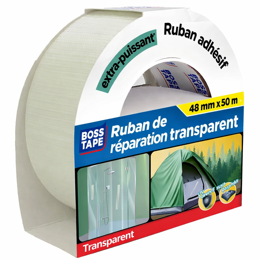 Duct tape transparent Boss Tape 48mm x 10m – ruban toile américaine étanche pour réparations invisibles
