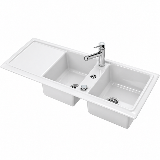 Évier de cuisine DURAVIT Cassia 80 blanc en céramique 116 × 51 cm encastrable.
