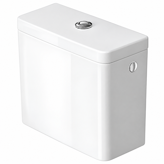Réservoir WC équipé DURAVIT D-Neo blanc brillant à double chasse 6/3 L et bouton chromé.
