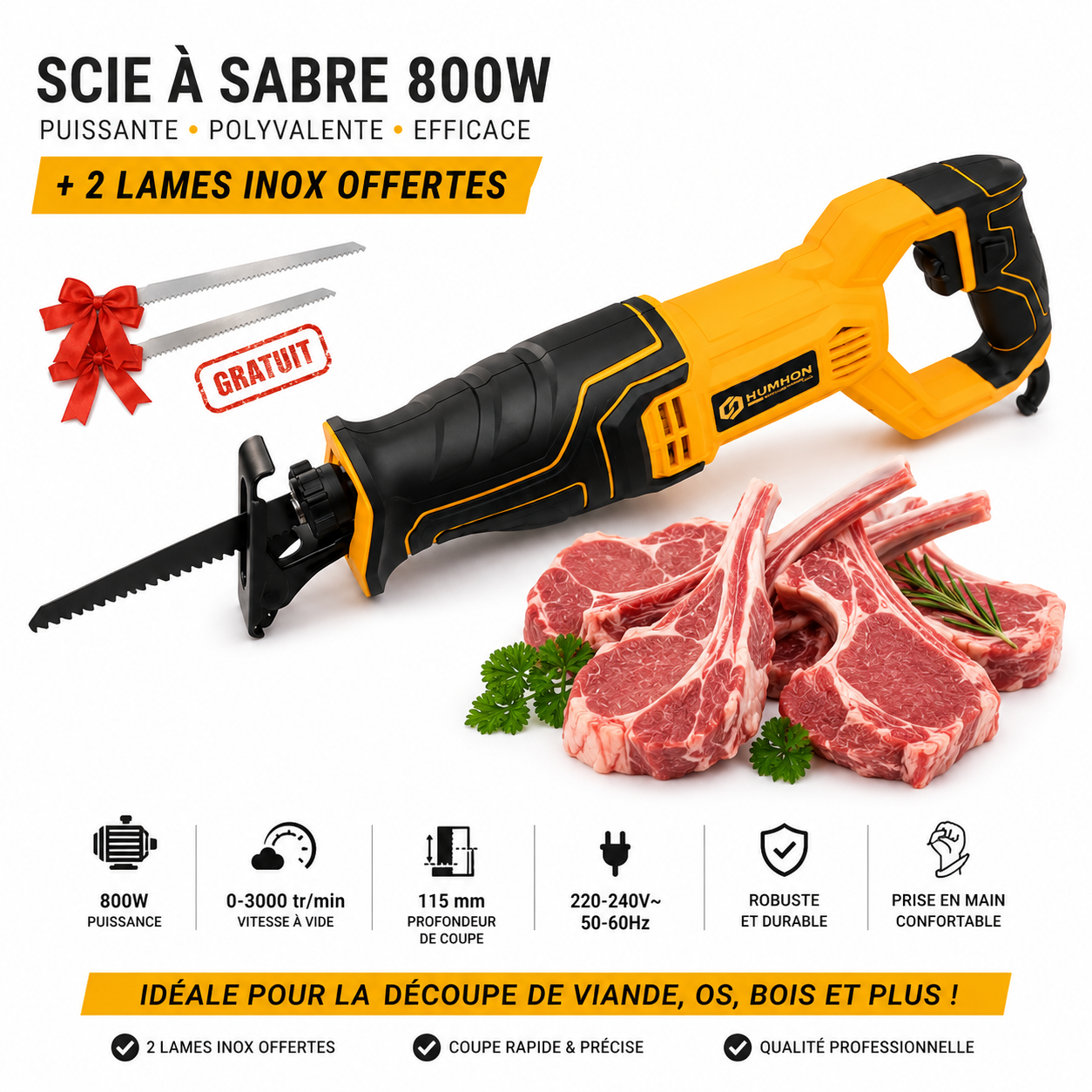 Scie à sabre 800W HUMHON avec 2 lames inox offertes pour découpe viande bois métal en Tunisie