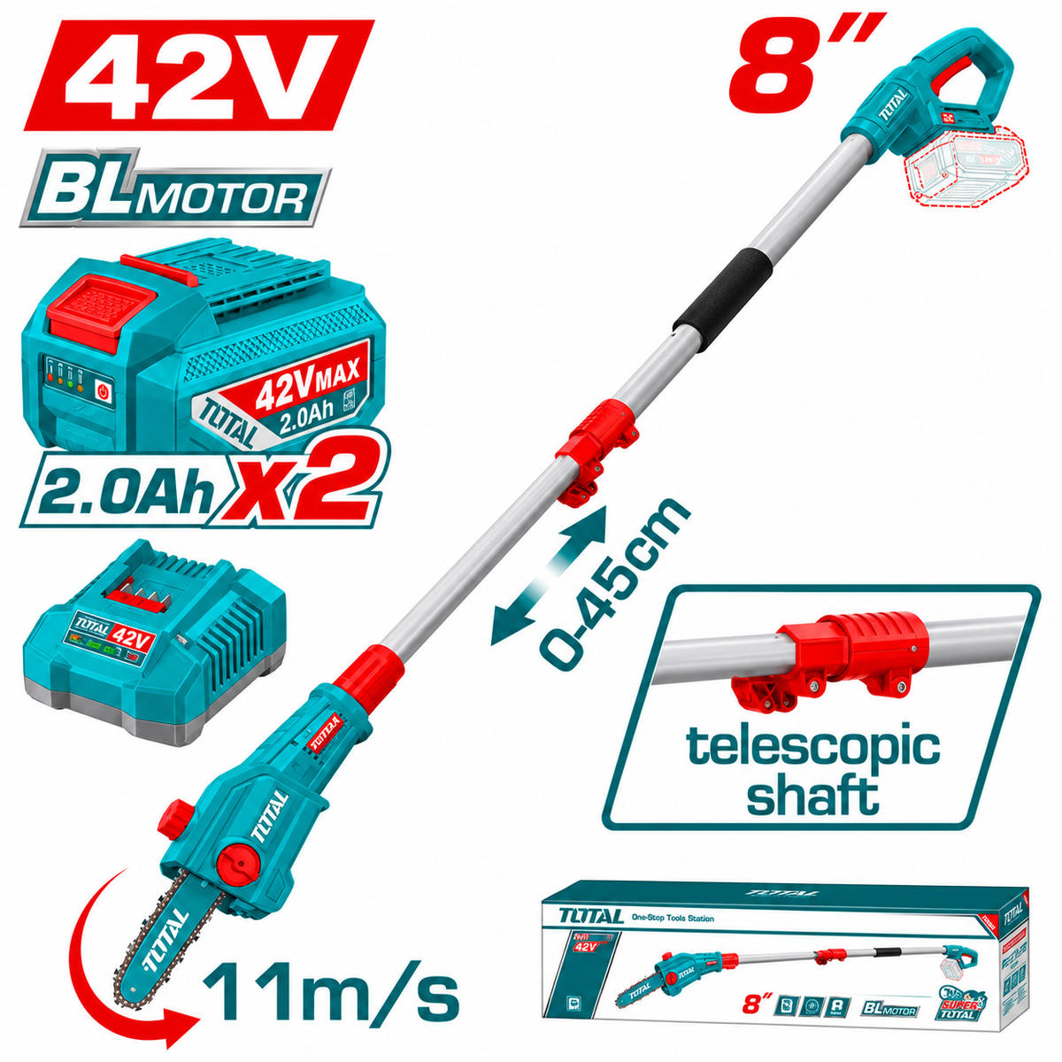 Élagueuse sur perche Brushless TOTAL TPSLI42281 42V, guide 8″ 20 cm, vitesse 11 m/s, avec 2 batteries 2,0 Ah, chargeur et sangle.