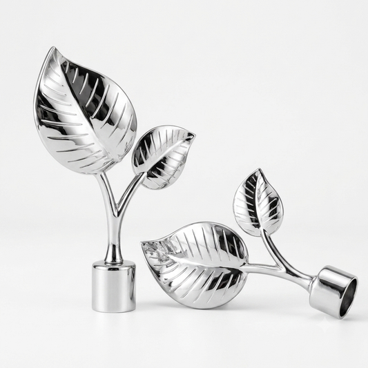 embout design feuilles IRIS DN25 argenté brillant, lot 2 pcs, finition chrome premium, tringle à rideaux – SQES Ariana Menzah 8 Tunisie