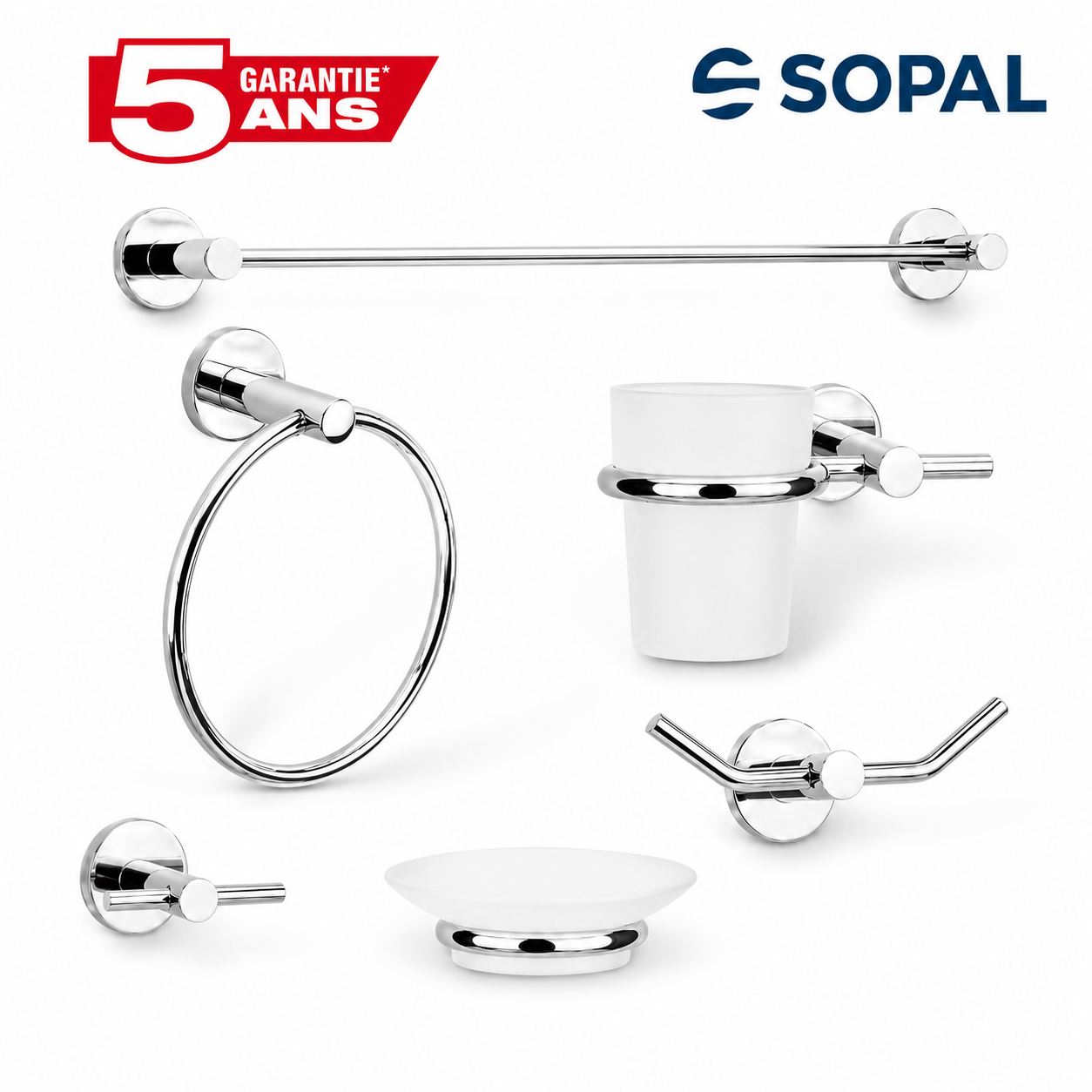 Ensemble 5 accessoires salle de bain SOPAL Série Yasmin réf. Yasmin2 en inox brossé — porte-serviette, porte-savon, anneau, crochet | SQES Tunisie
