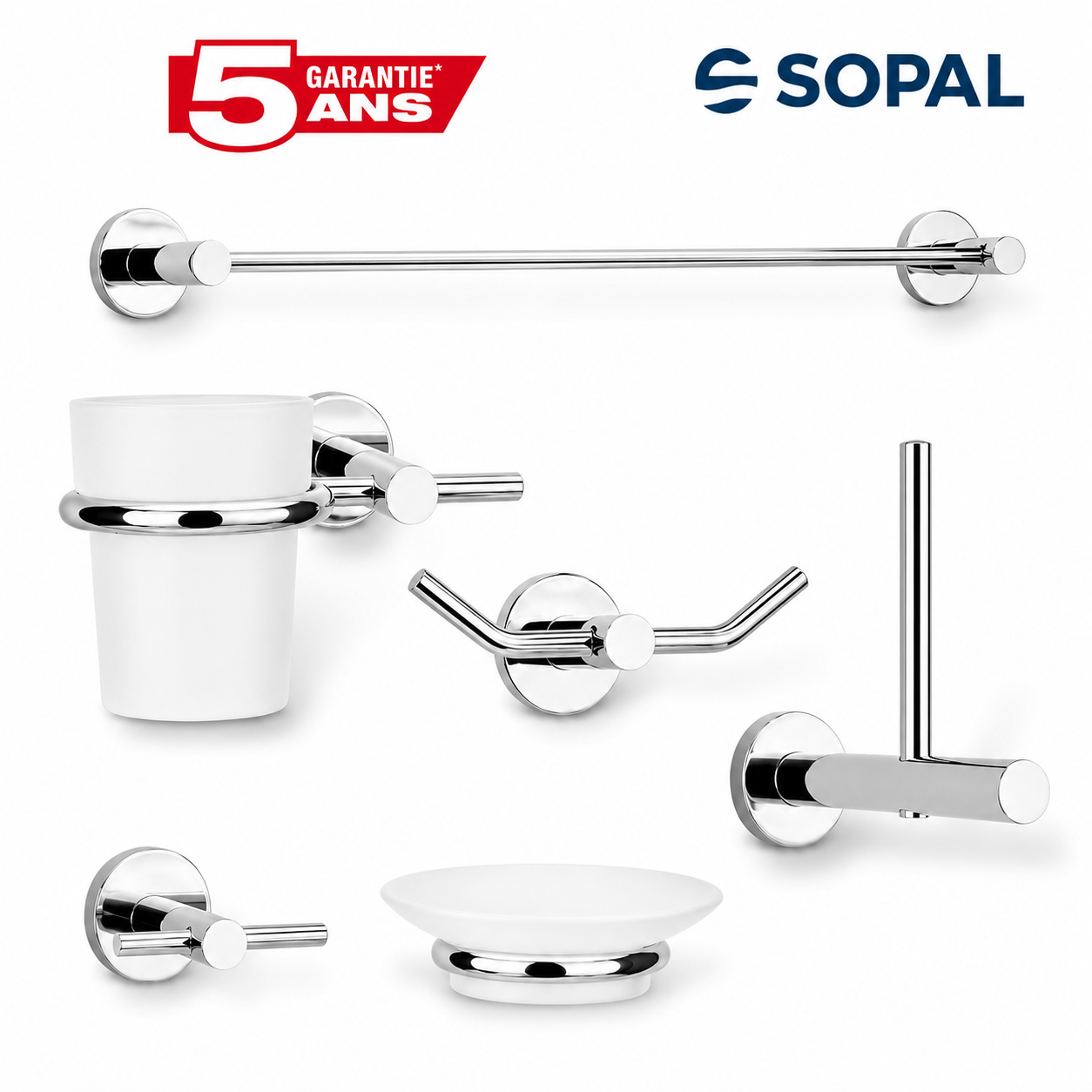 Ensemble 5 accessoires salle de bain SOPAL Série Yasmin en inox brossé — porte-serviette, porte-savon, anneau, crochet | SQES Tunisie
