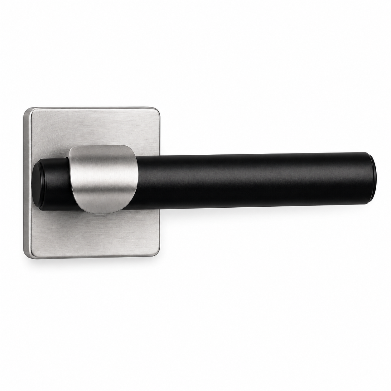 Ensemble béquille DEM ÖZEN sur rosace carrée, disponible en Noir ou Noir/Fumé et en versions PT, GT ou WC pour différentes serrures.