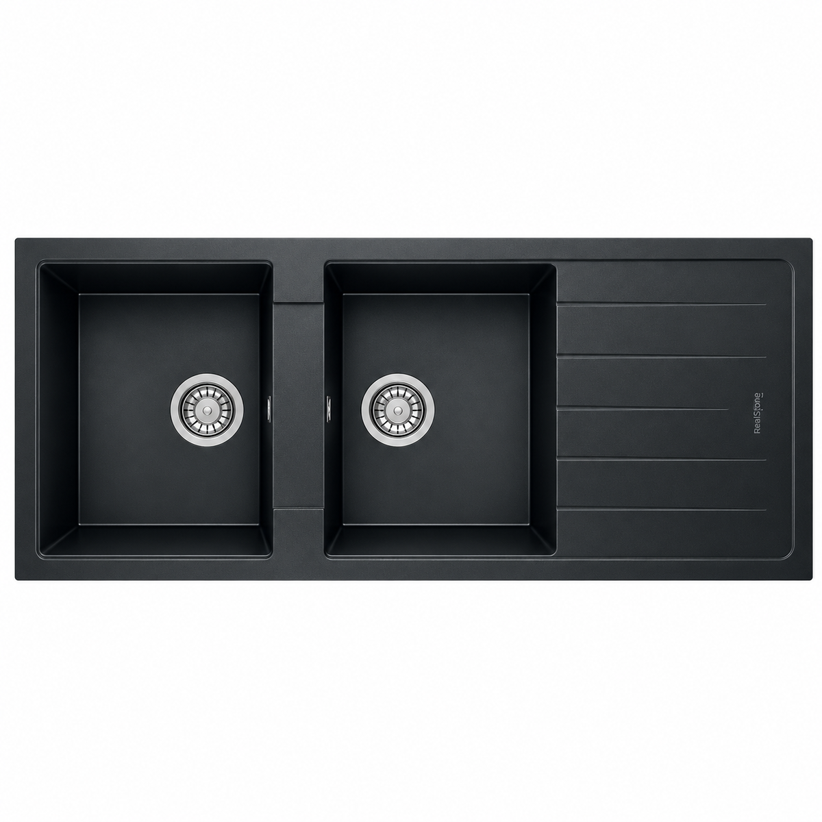 Évier granit RealStone ESİLA P021 Noir, réf. P2166010513, double cuve avec égouttoir, pour meuble de 700 mm minimum, usage cuisine | SQES Tunisie
