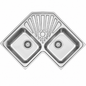 Évier inox d'angle BANKA M27000 830×830 mm, 2 cuves, profondeur 200 mm, pose encastrée et meuble minimum 900×900 mm.