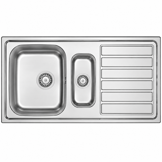 Évier inox BANKA Morfus Deep E18002 1005×505 mm, double cuve avec égouttoir, profondeur 150/107 mm et pose encastrable.
