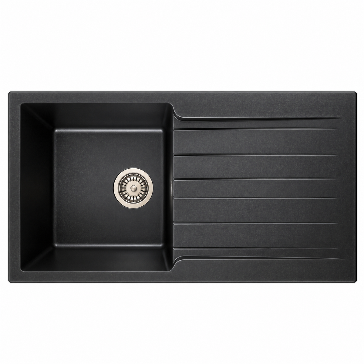Évier noir 860×500 mm avec une cuve et égouttoir, conçu pour associer espace de lavage et zone d'égouttage en cuisine.