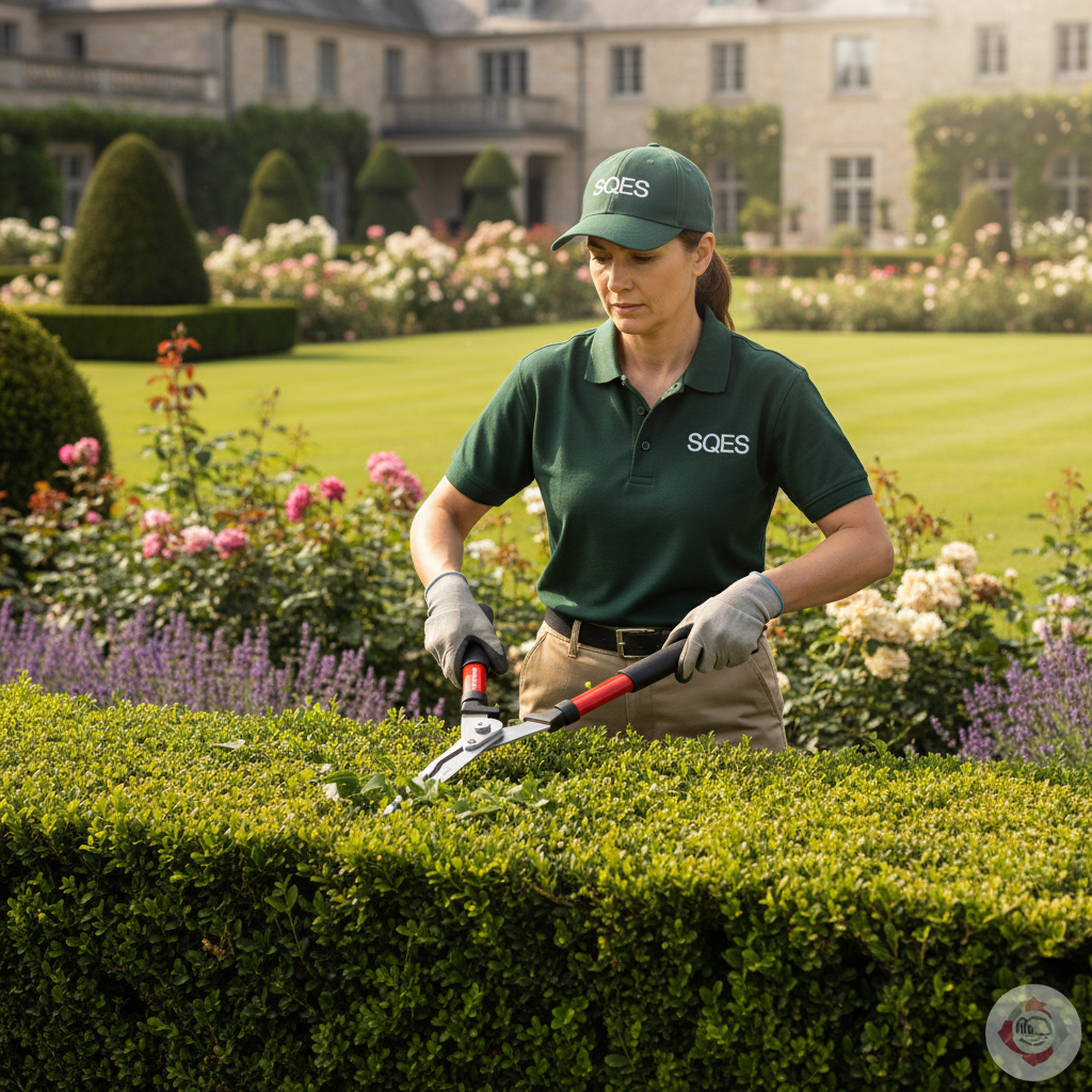 Expert SQES taillant haie de buis