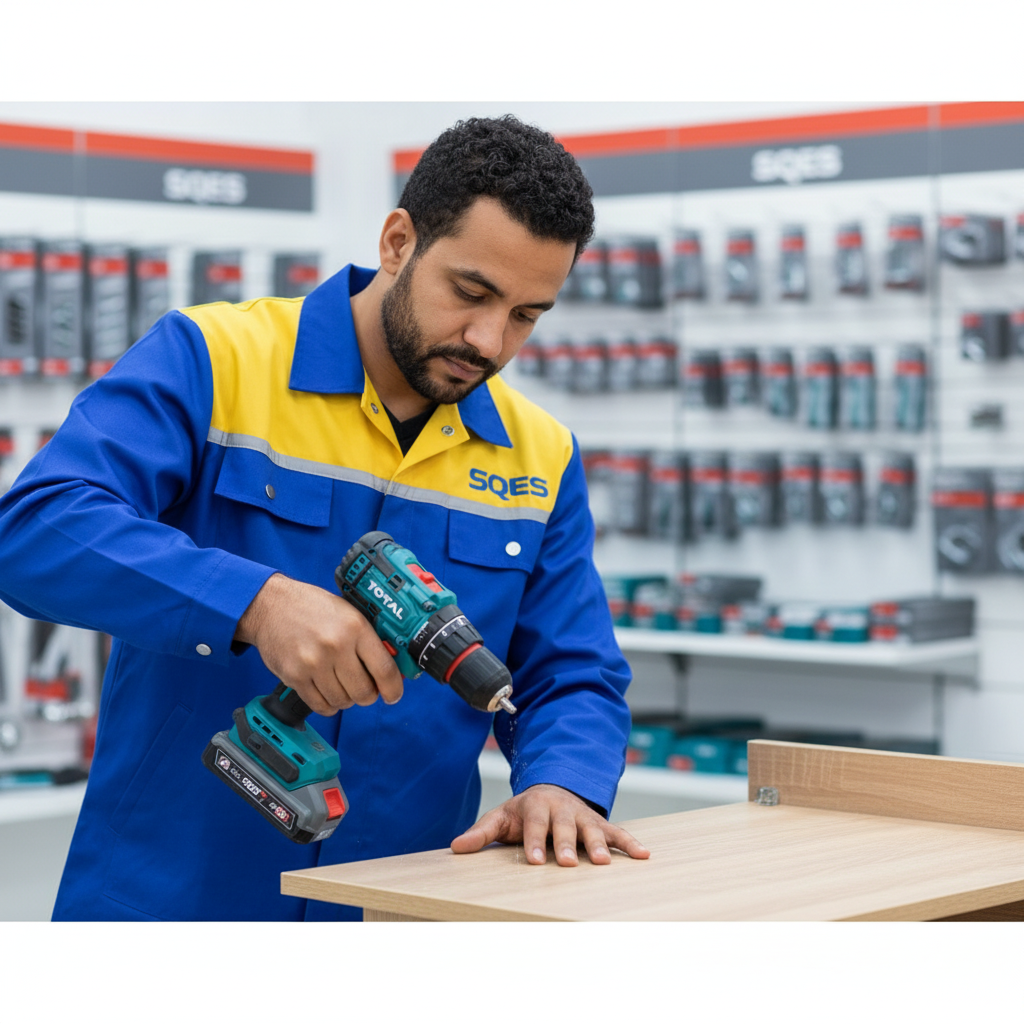 Expert tunisien SQES assemblant des meubles avec la visseuse TOTAL