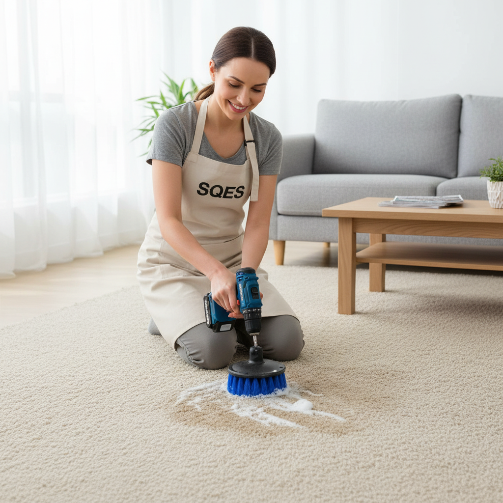 Femme nettoyant moquette de salon
