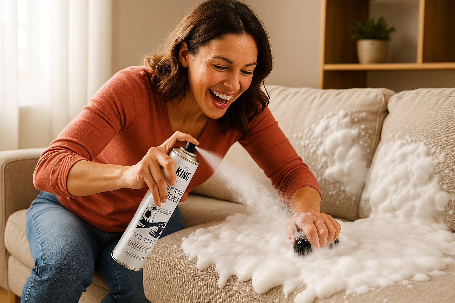 Femme nettoyant énergiquement son canapé avec le nettoyant KING et beaucoup de mousse