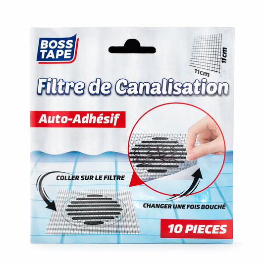 Filtre attrape-cheveux Boss Tape pack de 10 autocollants 11x11cm – protection canalisation douche et salle de bain
