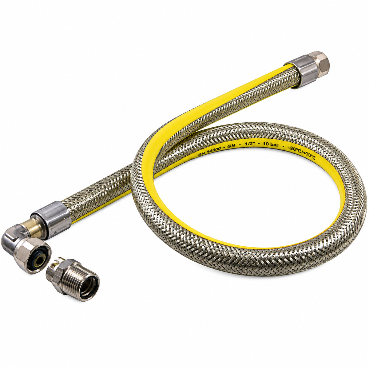 Flexible gaz inox GASCLIK 1 m, raccords 1/2" Mâle/Mâle, vanne de sécurité, inox AISI 304/316L, conforme UNE EN 14800 et UNE EN 15069.