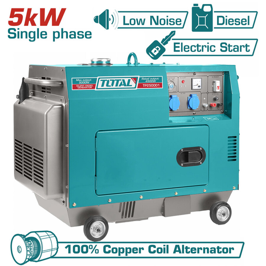 Générateur Diesel Silencieux TOTAL TP250001 5kW 4.5kW 9HP 418cc Démarrage Électrique Réservoir 17L 172kg — SQES Tunisie
