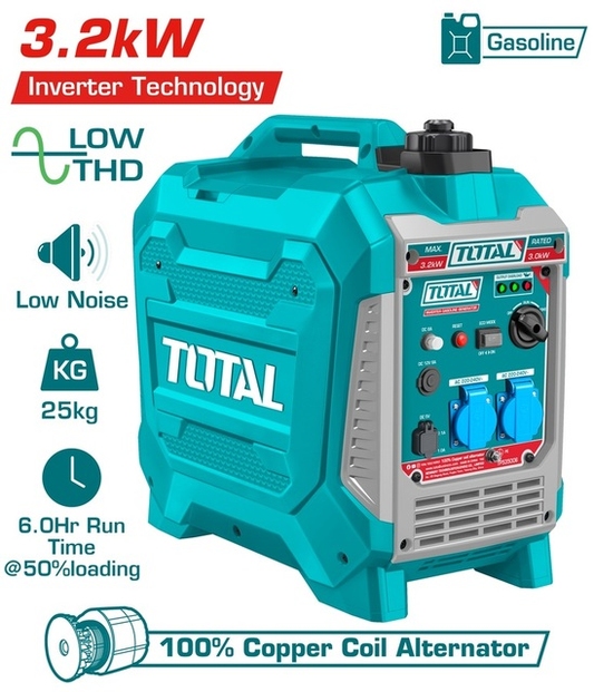 Générateur Inverter TOTAL TP535006 3.2kW 4T OHV 140cc THD<3% ≤68dB 2×AC USB 12V DC Réservoir 6.3L 25kg — SQES Tunisie
