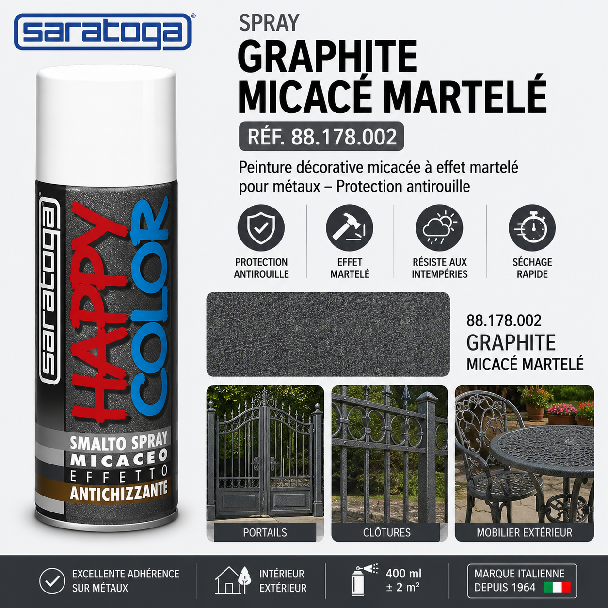 Spray Saratoga Happy Color Graphite Micacé Martelé 400 ml réf 88.178.002 pour portails, grilles et ferronnerie extérieure.