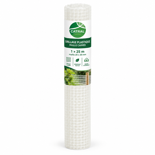 Grillage plastique carré CATRAL 1 × 25 m, maille 20 × 20 mm, disponible en blanc . Pour délimiter et aménager le jardin. SQES.tn.