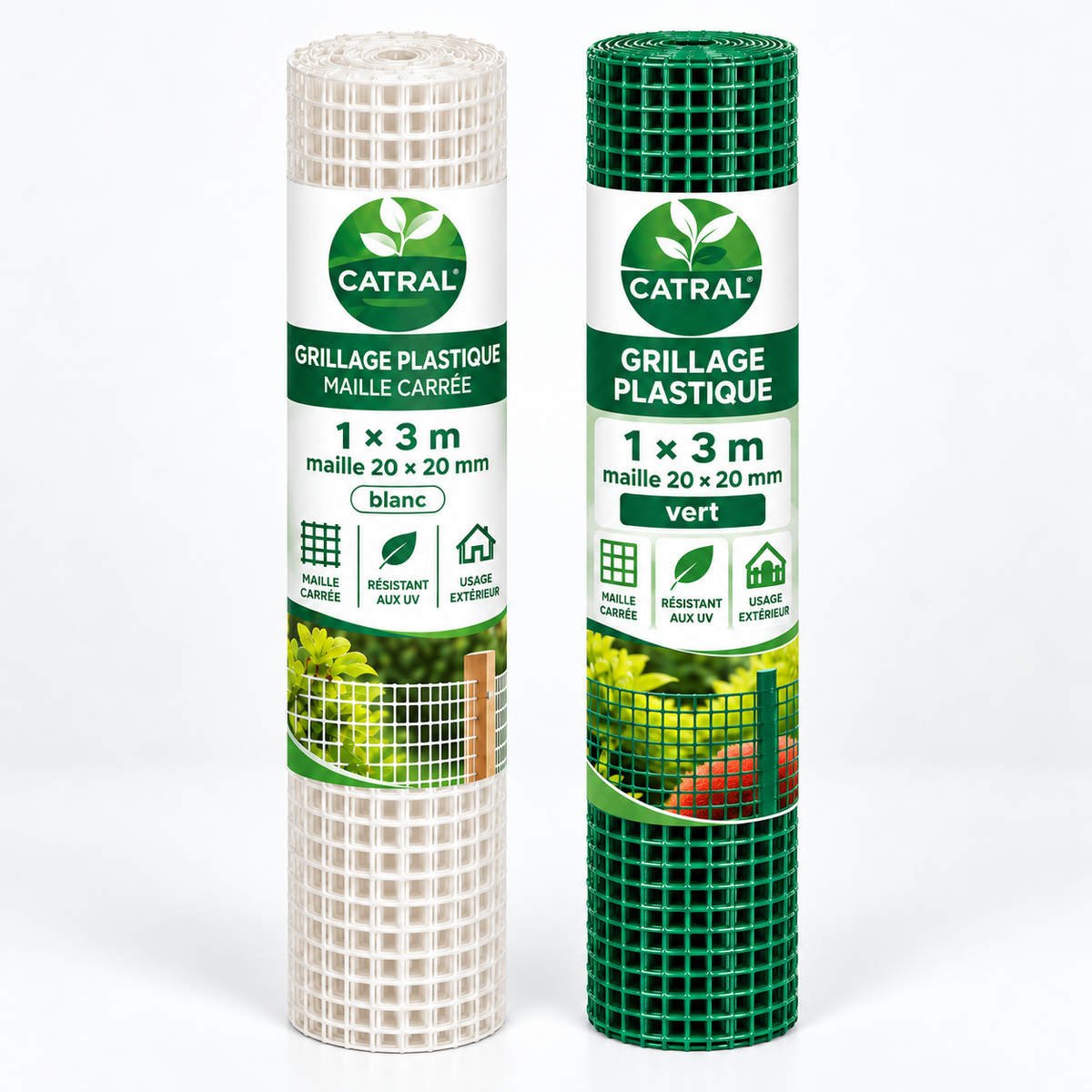 Grillage plastique carré CATRAL en rouleau 1 × 3 m, maille 20 × 20 mm, blanc ou vert. Pour aménagements légers de jardin. Sur SQES.tn.