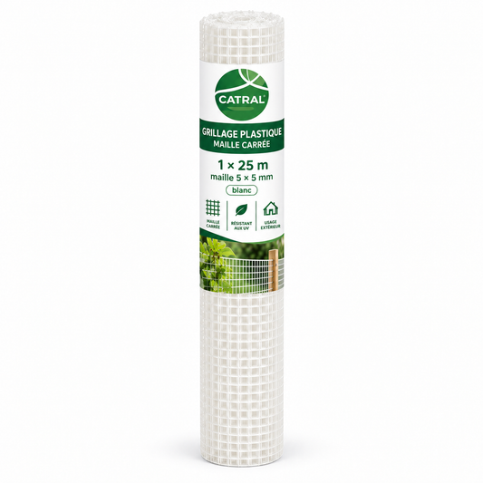 Grillage plastique carré CATRAL blanc, rouleau 1 × 25 m et maille fine 5 × 5 mm pour aménagements de jardin et protections légères. Sur SQES.tn.