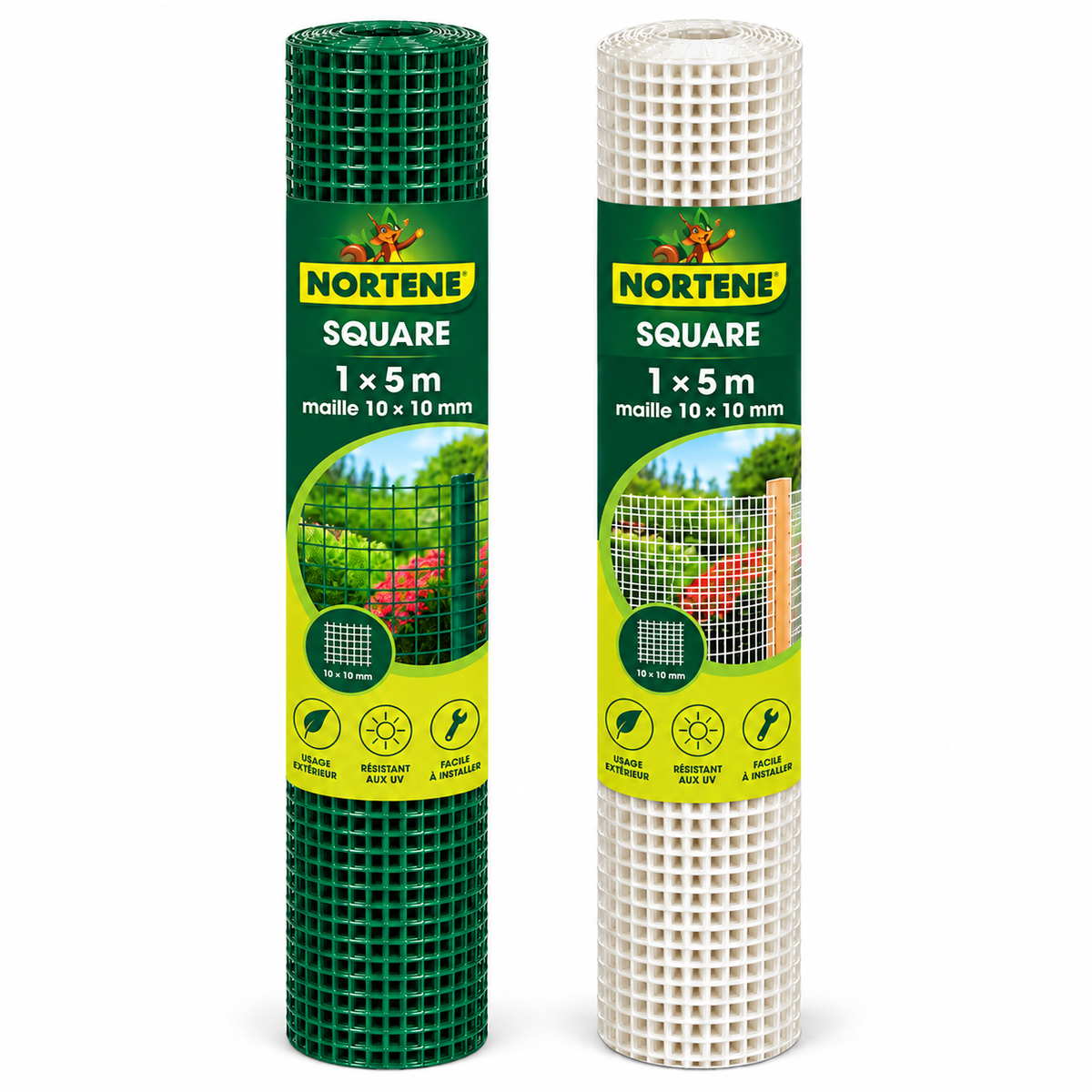 Grillage plastique NORTENE SQUARE en PEHD, rouleau 1 × 5 m, maille 10 × 10 mm, blanc ou vert. Pour vos aménagements de jardin sur SQES.tn.