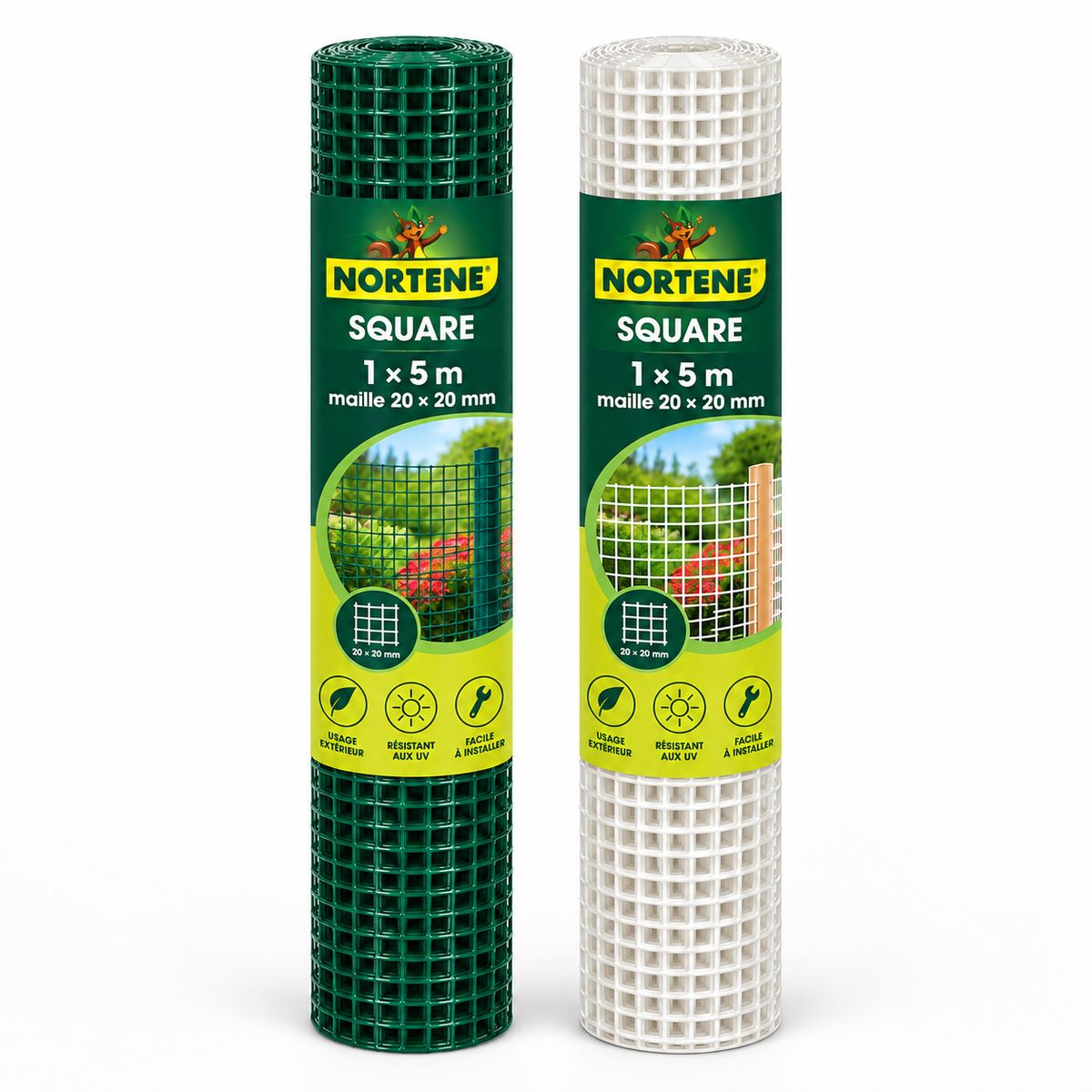 Grillage plastique NORTENE SQUARE en PEHD, rouleau 1 × 5 m, maille 20 × 20 mm, blanc ou vert. Pour aménagements du jardin. SQES.tn.