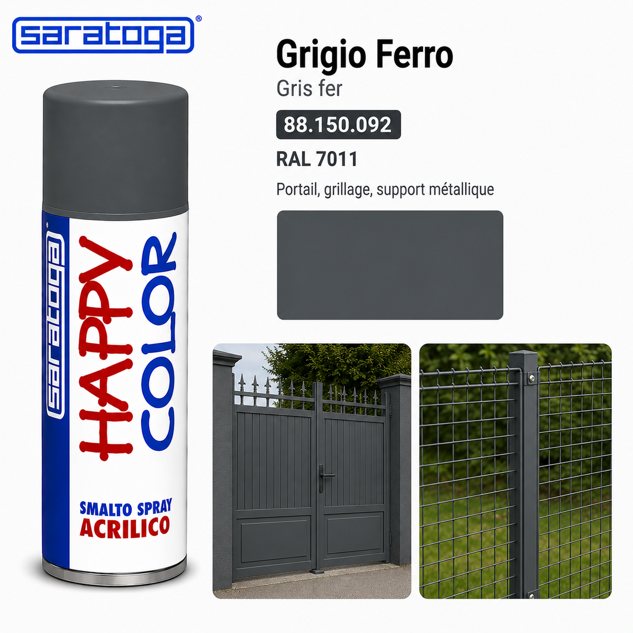 Spray peinture gris fer RAL 7011 400ml Saratoga Happy Color – portail, grillage, support métallique – SQES Ariana Menzah 8 Tunisie