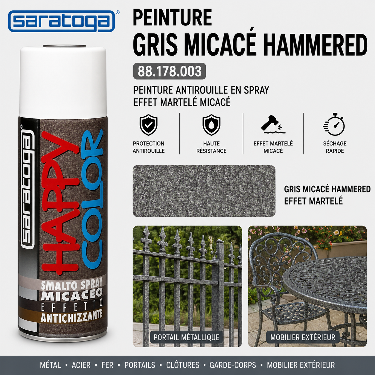 pray peinture gris micacé martelé 88.178.003 400ml Saratoga Happy Color – antirouille, portail métallique, mobilier extérieur – SQES Ariana Menzah 8 Tunisie