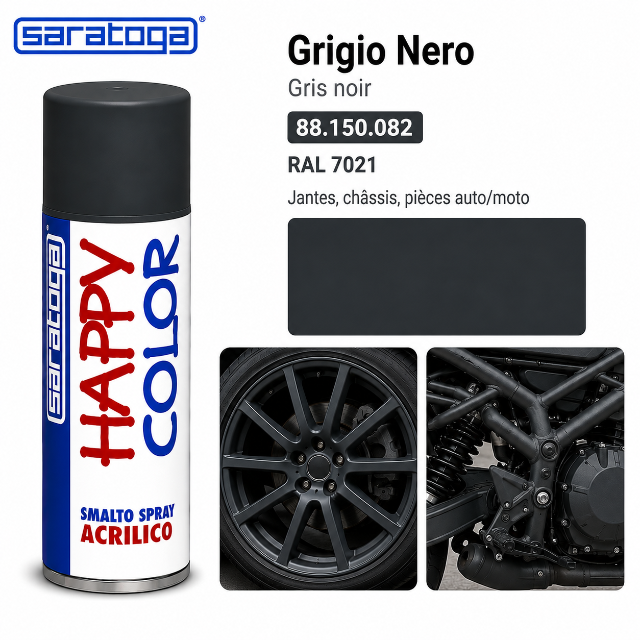Spray peinture gris noir RAL 7021 400ml Saratoga Happy Color – jantes, châssis, pièces auto/moto – SQES Ariana Menzah 8 Tunisie