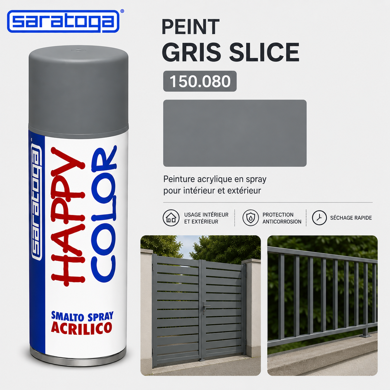 Spray peinture gris silice RAL 7032 400ml Saratoga Happy Color – boîtiers électriques, portail, rampe – SQES Ariana Menzah 8 Tunisie