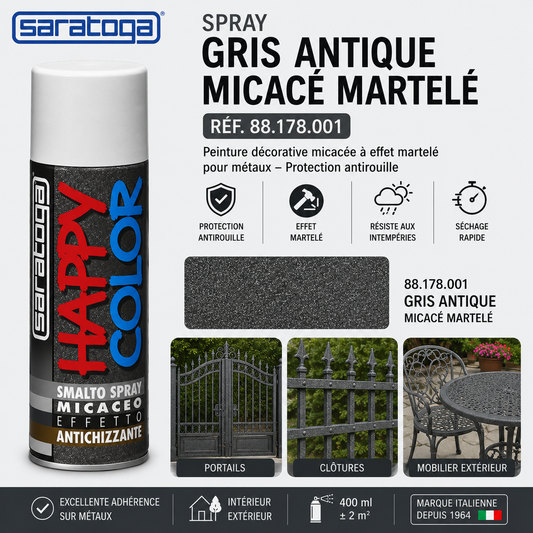 Spray Happy Color Gris Antique Micacé Martelé 400ml Saratoga – antirouille, portails, ferronnerie, mobilier extérieur. Meilleur prix Tunisie – SQES.