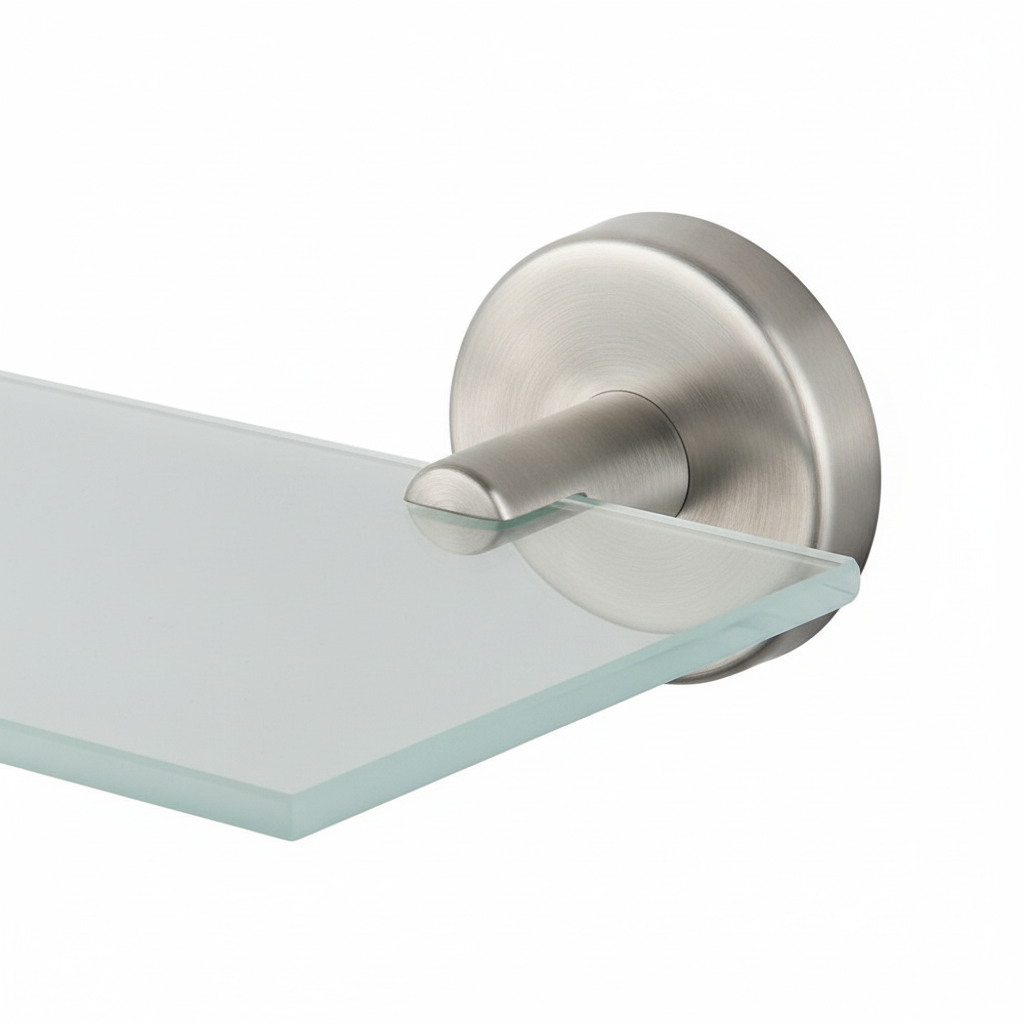 Gros plan sur le support inox brossé rond et le verre trempé