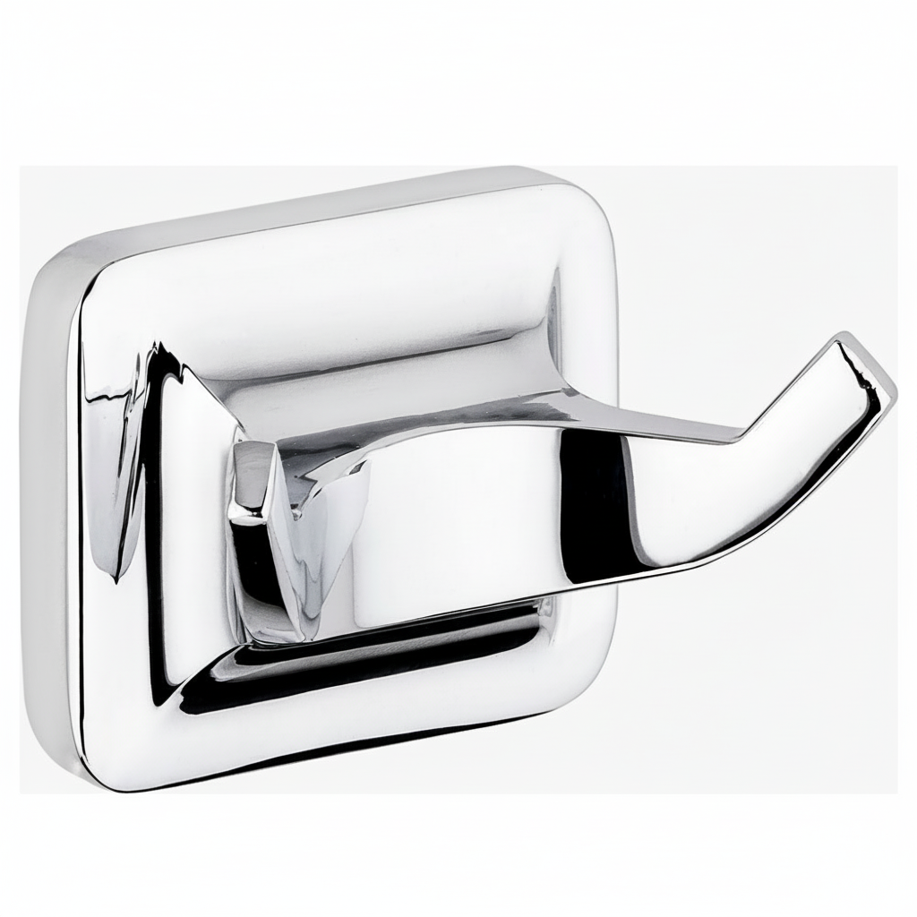 Gros plan sur le support rectangulaire et les deux crochets chrome