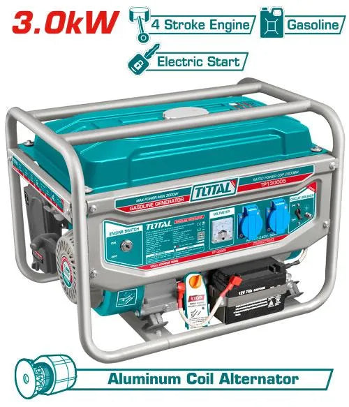 Groupe électrogène TOTAL TP130005-1 2800W (2500W nominal) – moteur 4T OHV 210ml, démarrage électrique + recoil, réservoir 15L, 46,5kg
