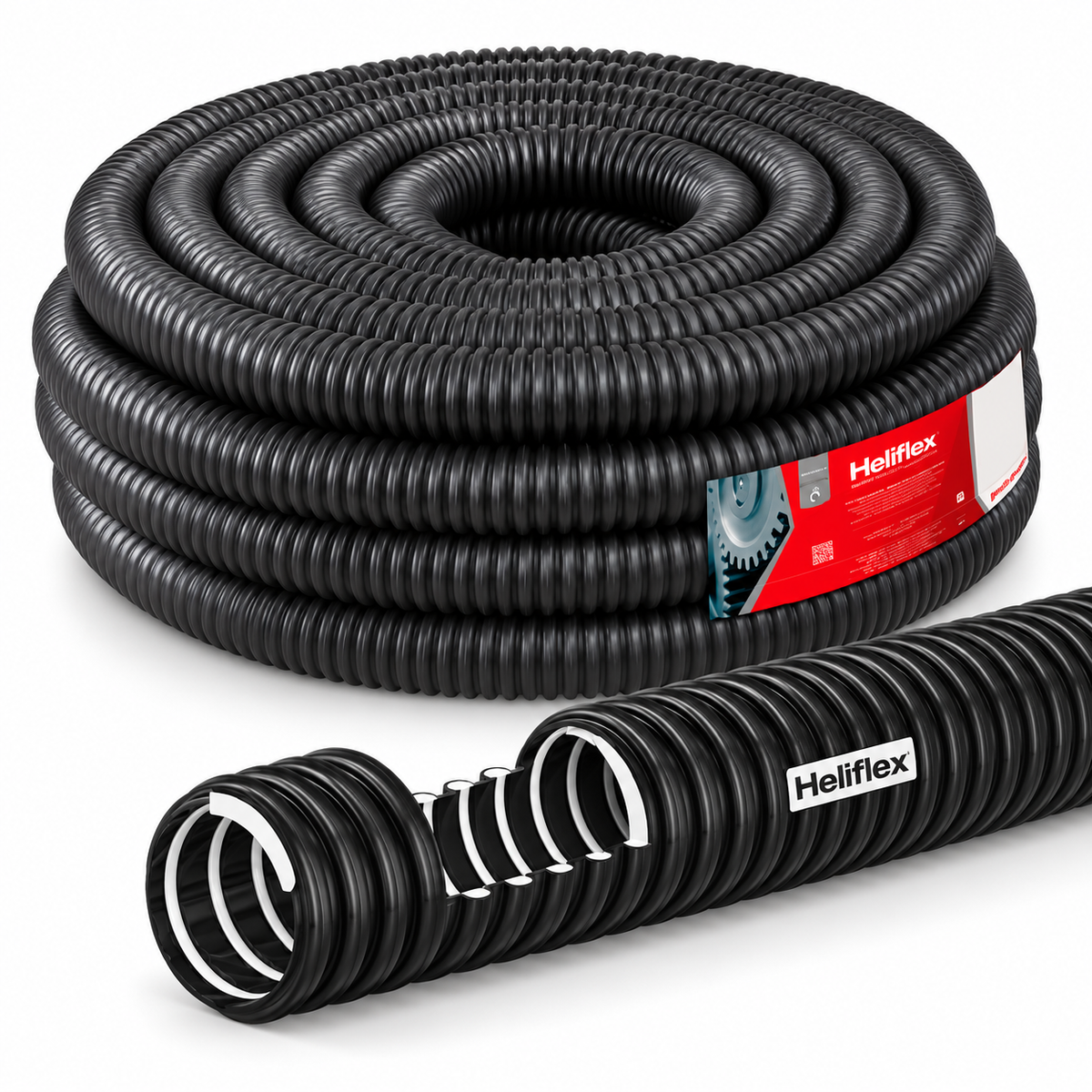 Tuyau HELIFLEX CABOFLEX en PVC flexible avec spirale PVC rigide, pour protection des câbles. Dimensions 16 et 20, rouleaux de 30 m. SQES Tunisie.