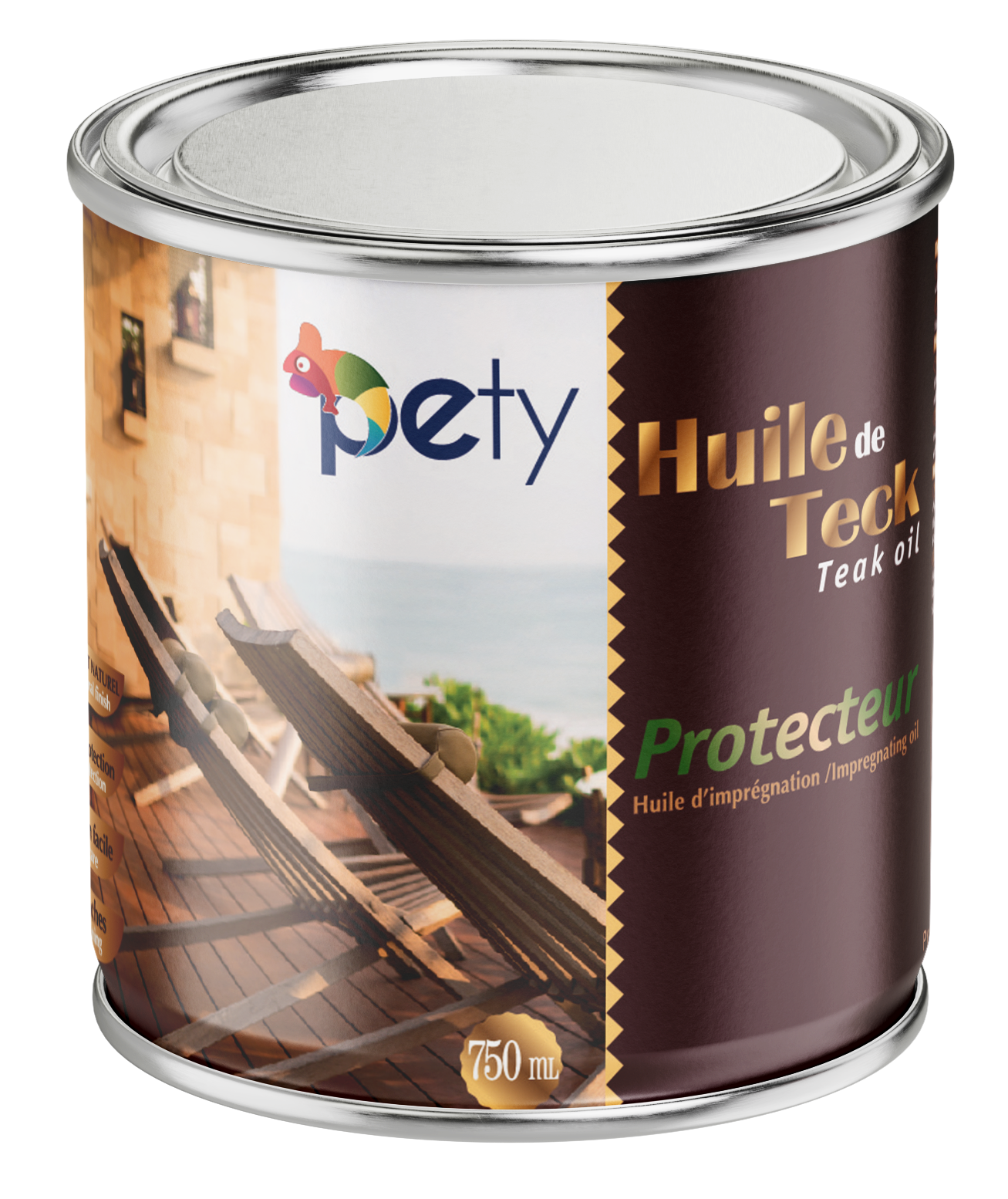 Huile de teck PETY 750ml – nourrit en profondeur, protège UV et intempéries, anti-grisaillement, incolore ou teinte teck, idéal terrasse et meubles jardin

