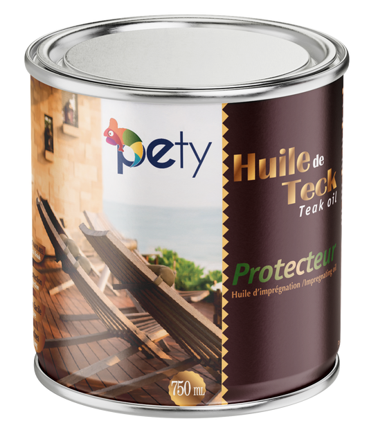 Huile de teck PETY 750ml – nourrit en profondeur, protège UV et intempéries, anti-grisaillement, incolore ou teinte teck, idéal terrasse et meubles jardin
