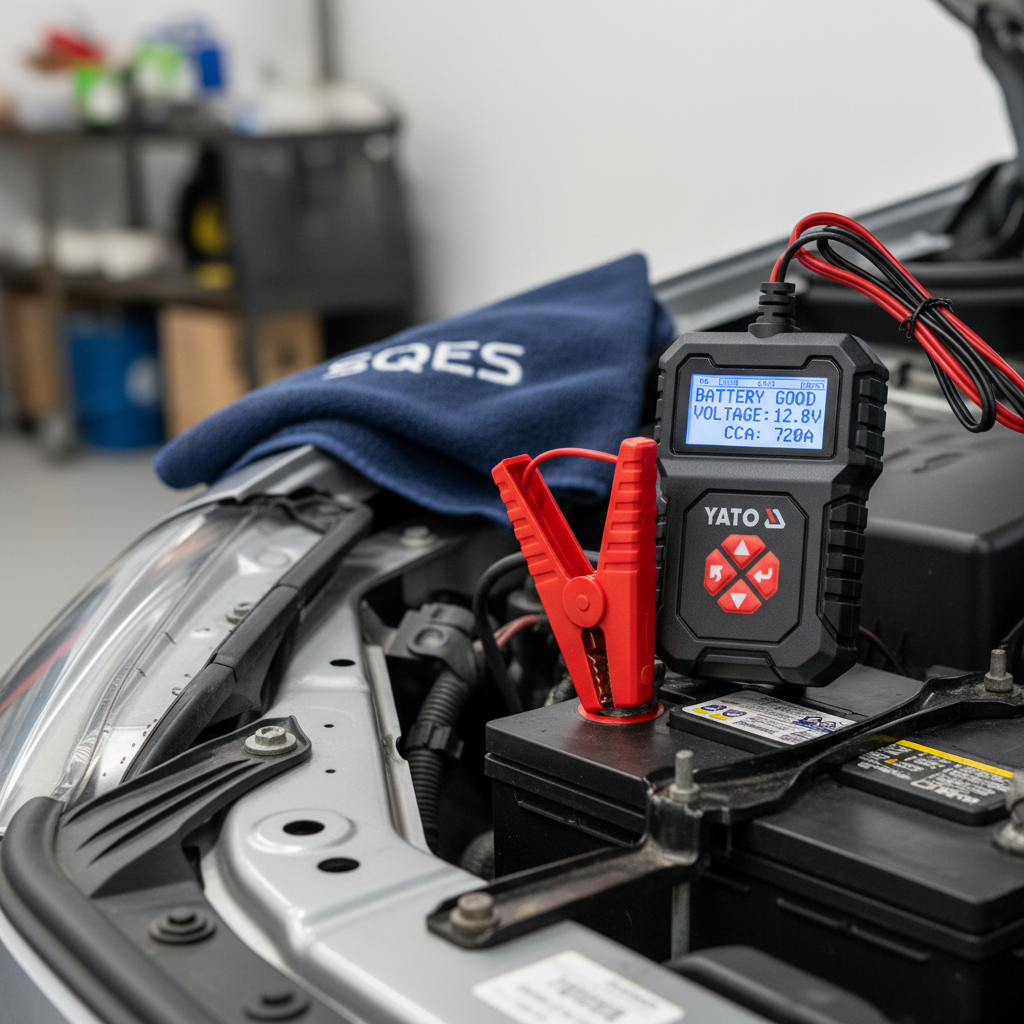 Gros plan écran LCD testeur batterie YATO affichant résultats diagnostic