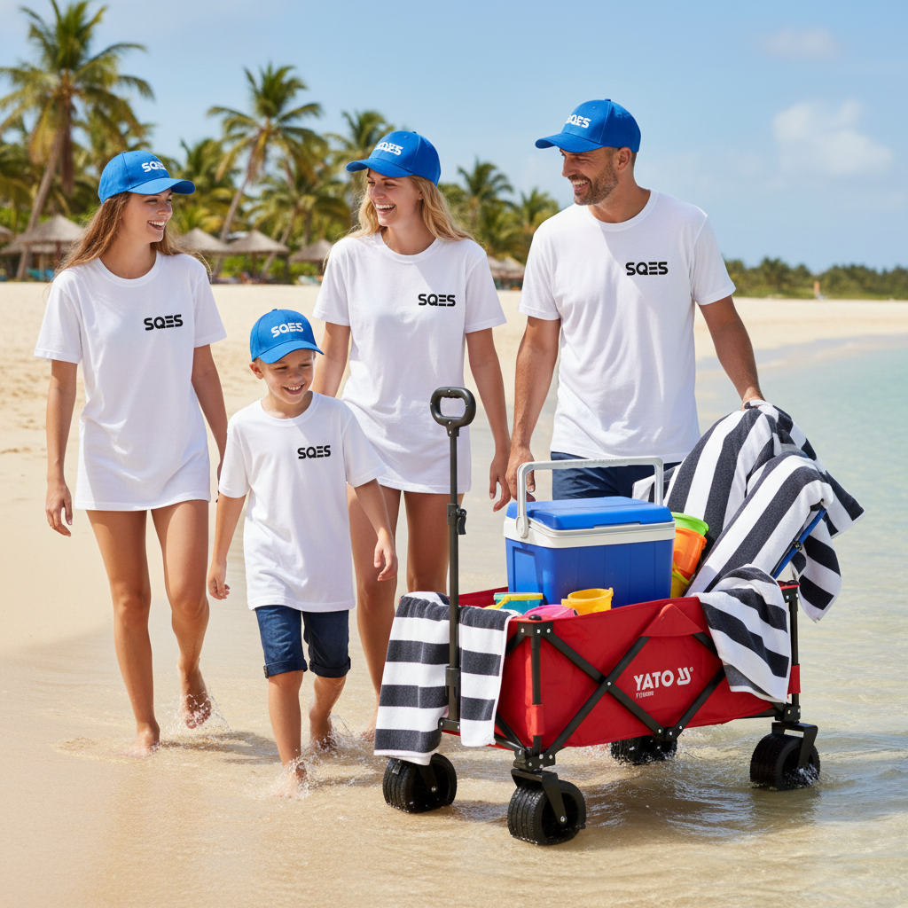 Famille SQES utilisant chariot YATO à la plage avec équipement et glacière