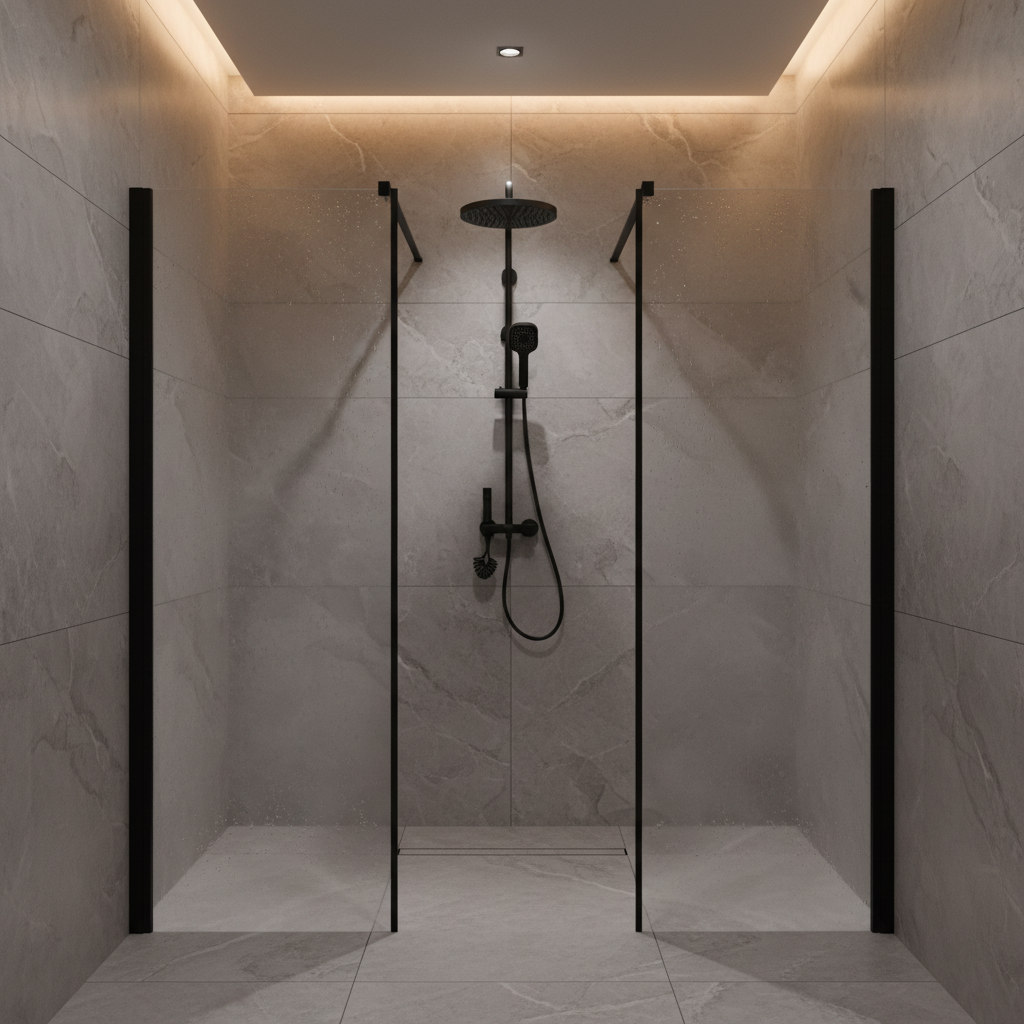 Mitigeur DUXXA DP.100.MS installé dans une douche italienne avec cabine noire