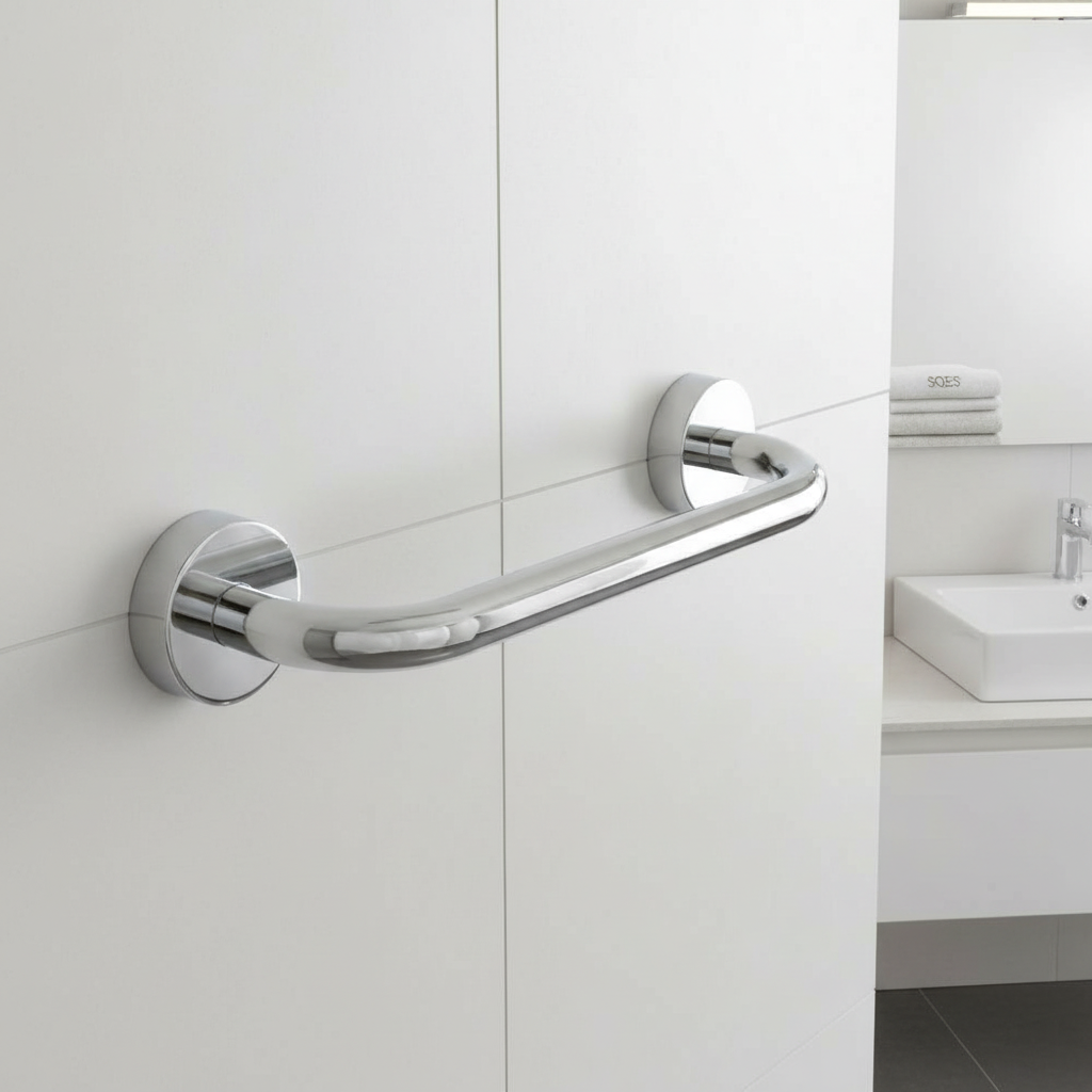 Barre d'appui Duxxa 40 cm chromée installée dans salle de bain moderne SQES