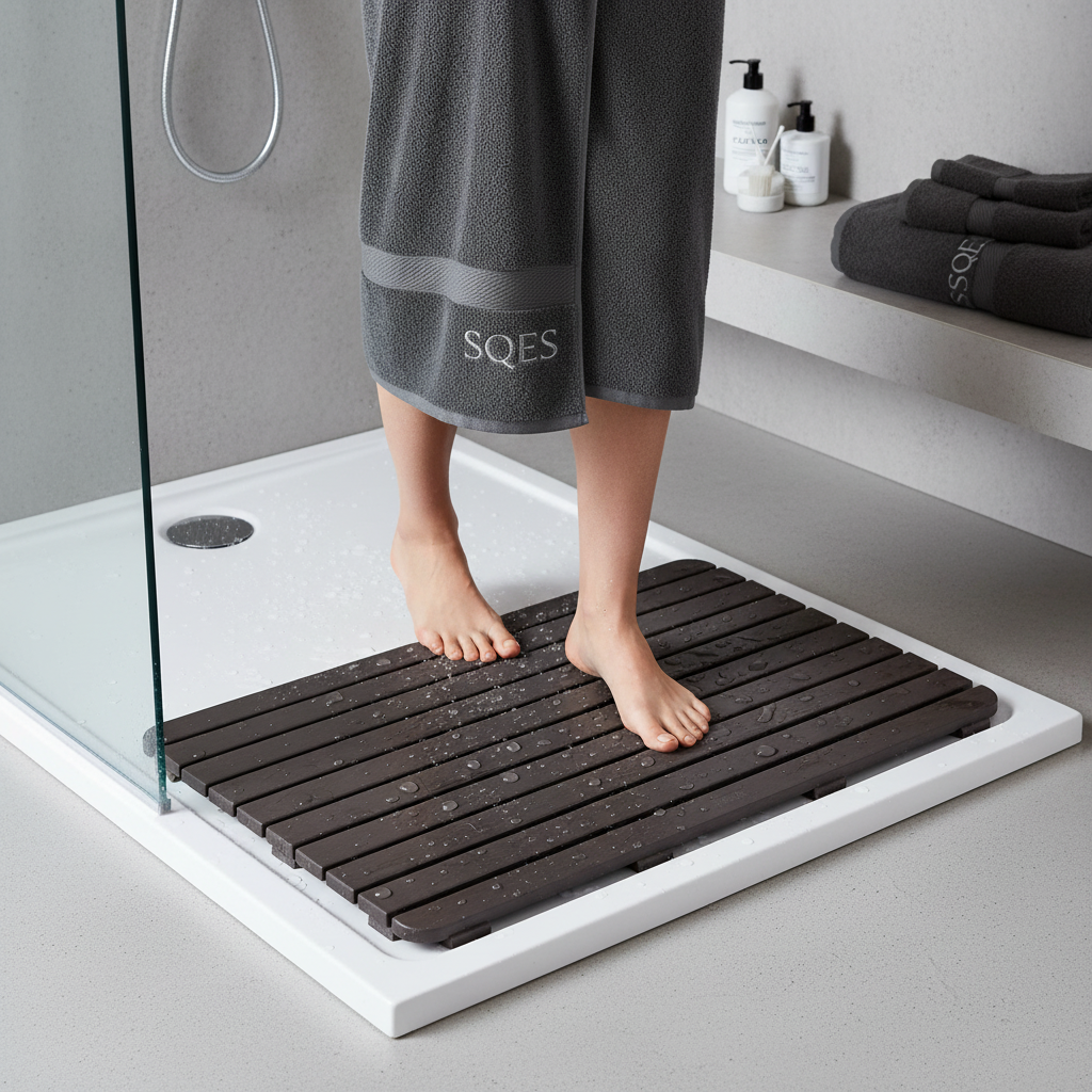 Tapis douche Tatay 80x50 foncé effet bois dans salle de bain moderne SQES