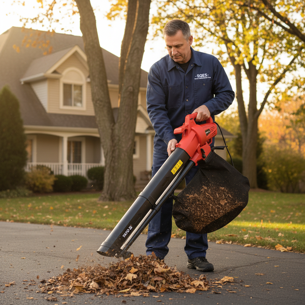 Propriétaire SQES utilisant mode aspirateur YATO pour collecter feuilles