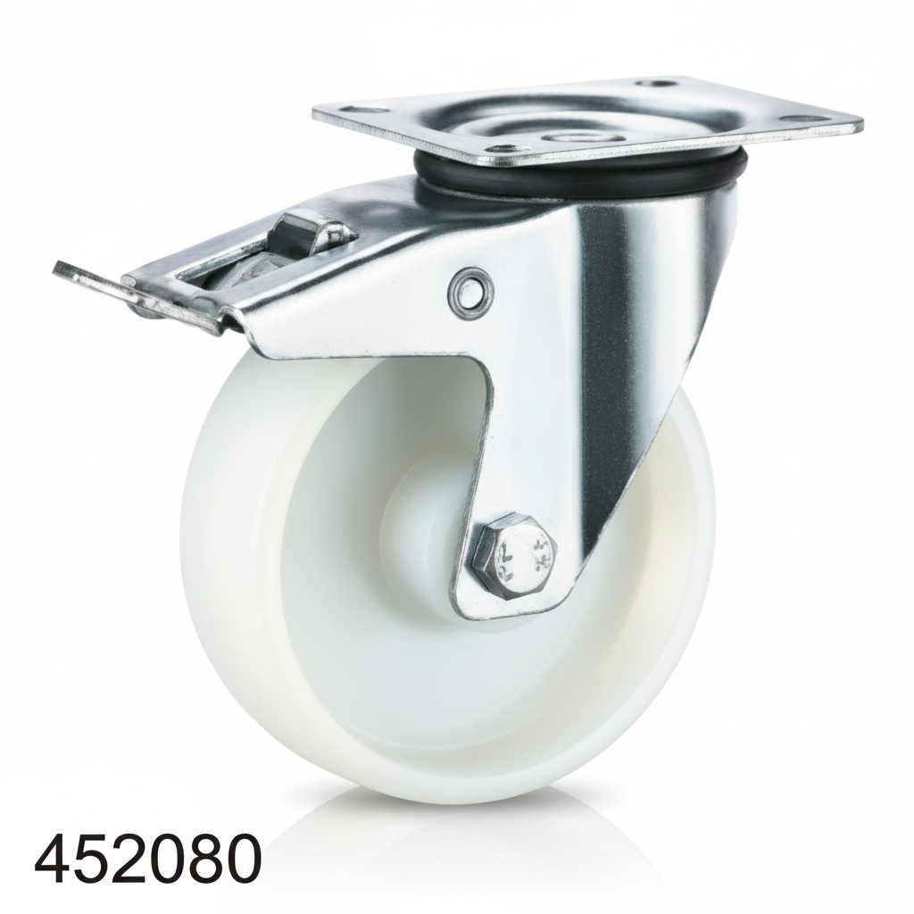 Roue nylon industriel pivotante avec plaque et frein 80mm blanc 452080 - photo professionnelle