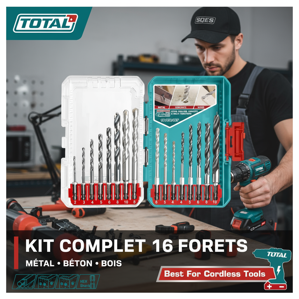 Ensemble de 16 Forets TOTAL TACSDL11608 - Métal, Beton et Bois - coffret meche