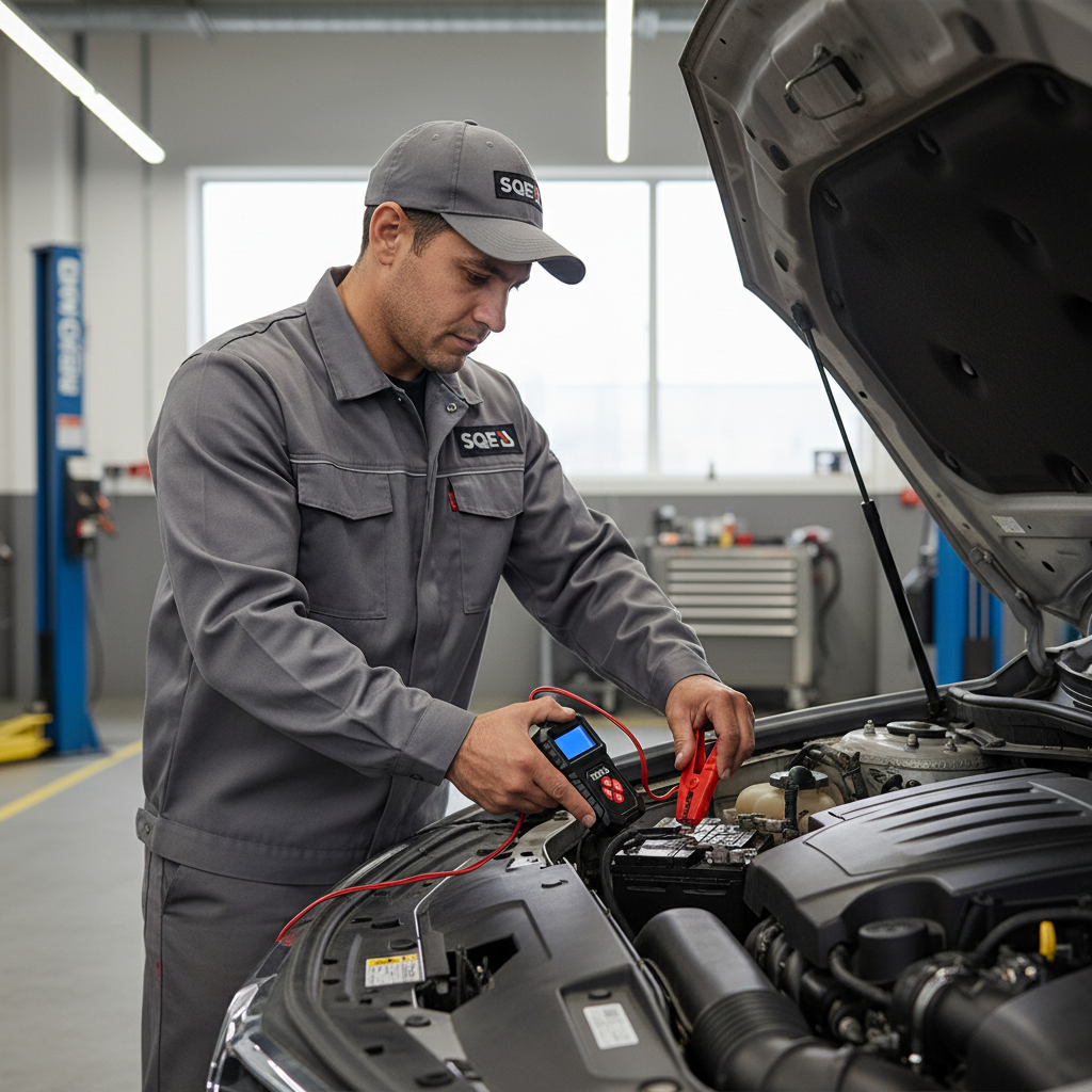 Mécanicien professionnel SQES utilisant testeur batterie YATO en atelier automobile