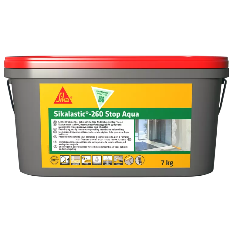 Sikalastic®-260 Stop Aqua 7kg, étanchéité plancher sous carrelage locaux humides. Douches, salles de bain, cuisines collectives. Prêt à l'emploi. SQES Tunisie.
